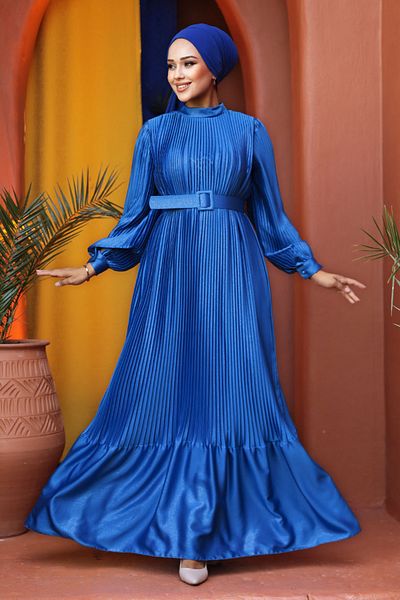 Neva Style Rochie plisată Hijab din satin albastru - 43532M
