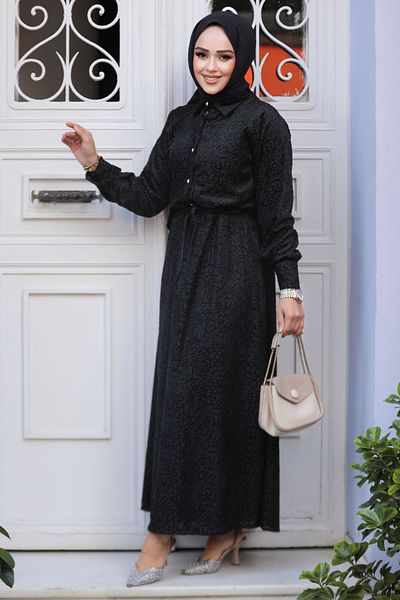 Neva Style فستان حجاب أسود منقوش - 92691S