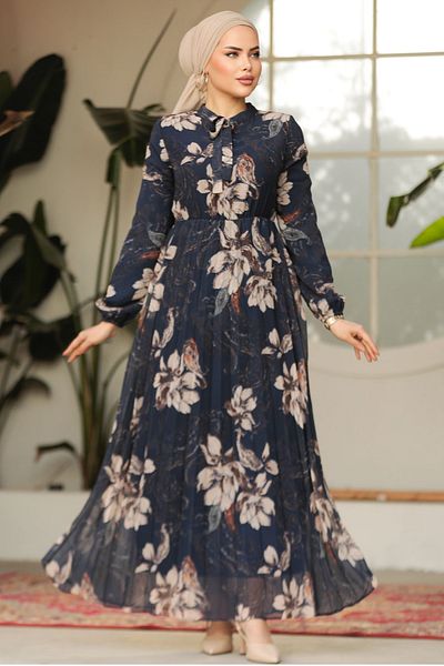 Neva Style Floral Patterned Navy Blue Hijab Dress 50355L