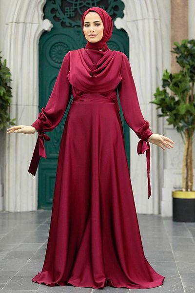 Neva Style Rochie de seara cu hijab - Rochie de seara musulmana din satin burgundy 38031br