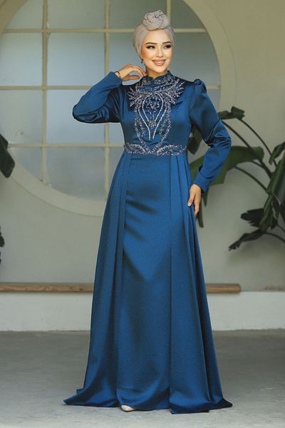 Neva Style Rochie de seara din satin verde petrol cu ​​coada 25878PY