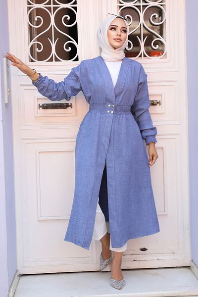 Neva Style Indigo Blue Hijab Cap - Button Detailed, 672IM