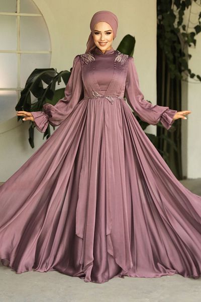 Neva Style Βραδινό φόρεμα Hijab με μανίκια μπαλόνι καφέ 21910kh