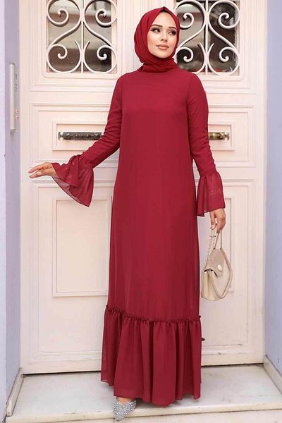 Neva Style - Rochie Hijab Rosie Claret Flounced Maneca 5729br