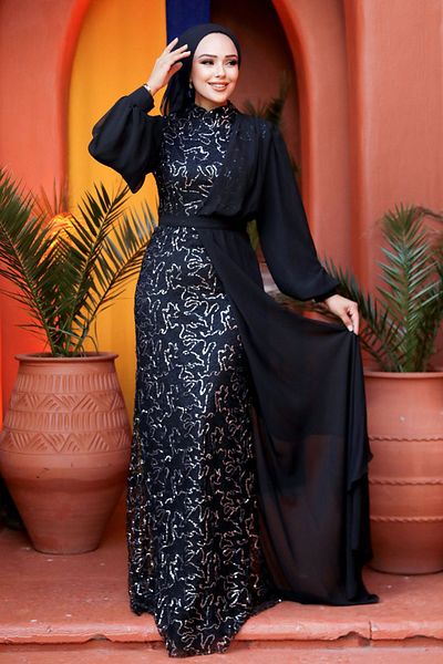 Neva Style فستان سهرة حجاب - شيفون مزين بالترتر فستان سهرة حجاب فضي 5516 جم
