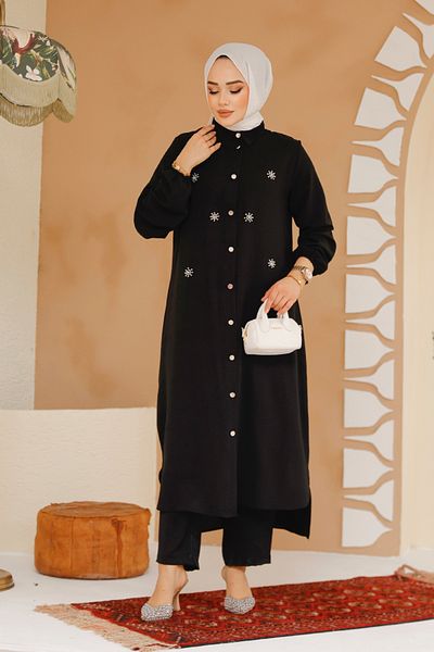 Neva Style Set dublu Hijab negru cu detaliu de mărgele 12082s