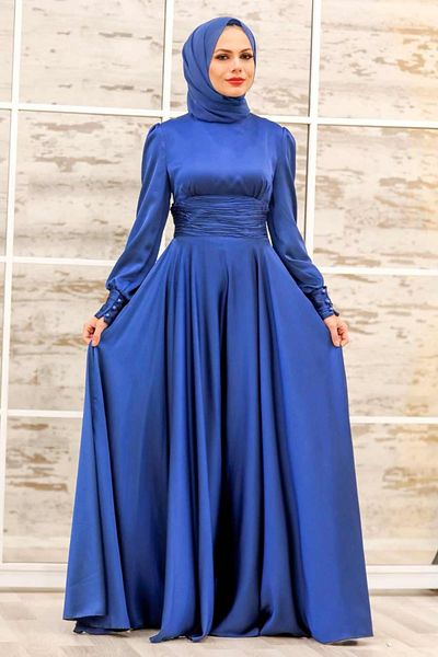 Neva Style Βραδινό φόρεμα με μαντήλι Indigo Blue Hijab 2511ım