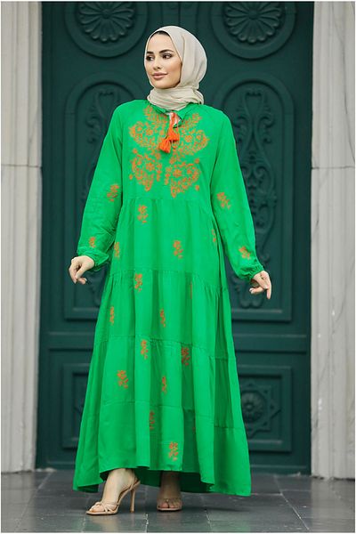 Neva Style Rochie Hijab Verde cu Detaliu Floare 40110y