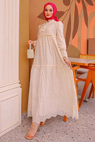 Neva Style - Rochie Hijab Crem Guipur 13440kr