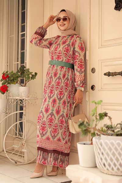 Neva Style Ethnic Patterned Pink Hijab Dress 3536P