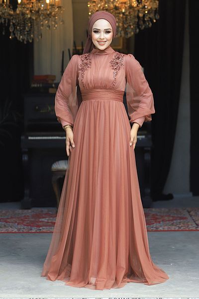 Neva Style Rochie de seara Hijab cu faianta cu detalii florale 22070krmt