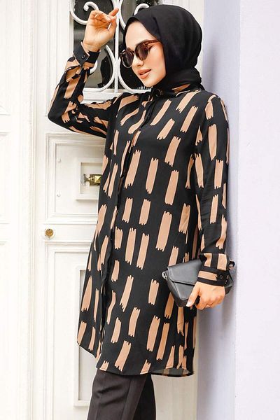 Neva Style Brown Patterned Hijab Tunic - 11683Kh