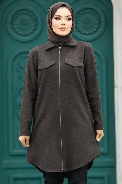 Neva Style تونيك حجاب بني داكن بسحاب 5944kkh