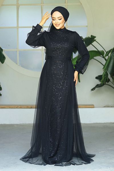 Neva Style Βραδινό φόρεμα με παγιέτες κεντημένο μαύρο χιτζάμπ 5632s