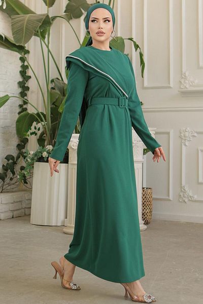 Neva Style Buckle Belted Emerald Green Hijab Evening Dress 664Zy
