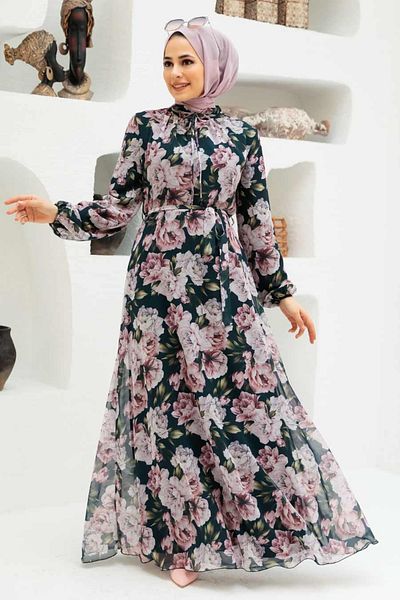 Neva Style - Rochie Hijab Neagră cu Motiv Floral 279058 s