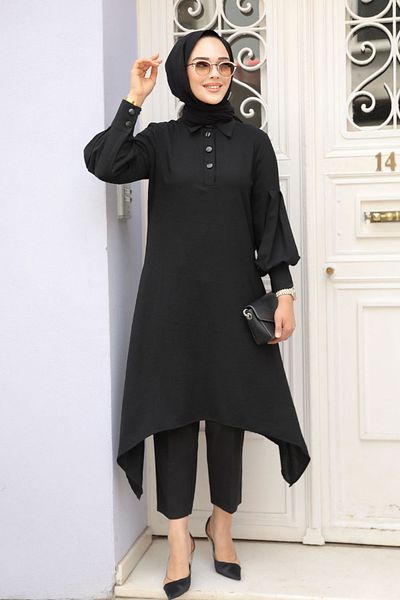 Neva Style Tunica neagră hijab cu detaliu asimetric 615s