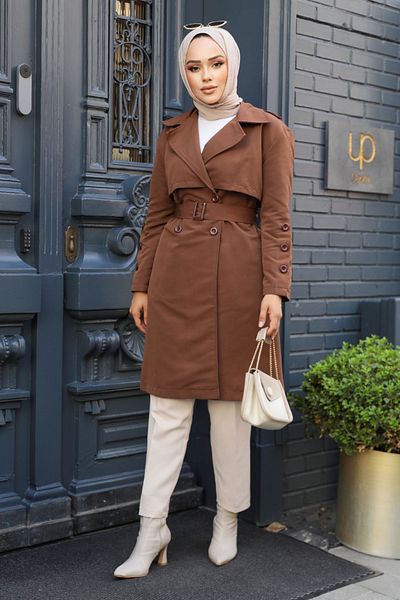 Neva Style Καφέ Hijab Trench Coat - Με Ζώνη, Μοντέλο 61171KH