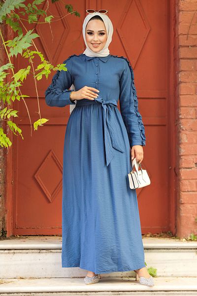 Neva Style Φόρεμα Indigo Blue Hijab με βολάν μανίκια 3434ım