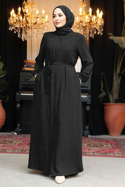 Neva Style Hijab negru cu centură Ferace 62601S