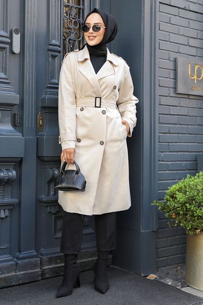 Neva Style Trench Hijab cu centură detaliată din piele intoarsa - 72091TAS