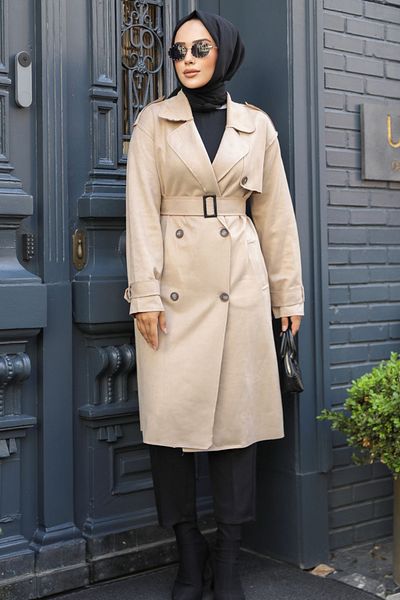 Neva Style Μπεζ καστόρι Hijab Trench Coat - Με ζώνη, Μοντέλο 72091BEJ