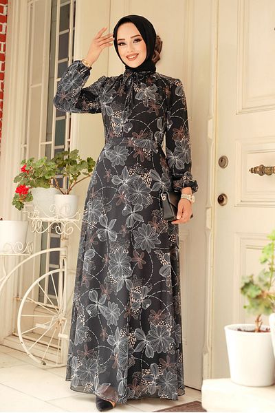 Neva Style Floral Patterned Black Hijab Dress 279079 S