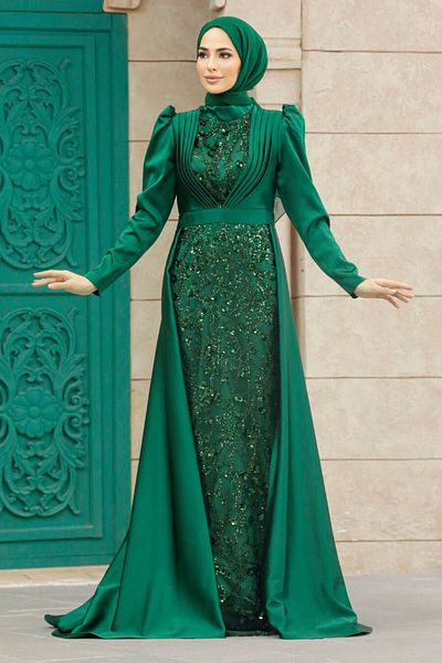 Neva Style Sequin Embroidered Green Hijab Evening Dress 23082Y