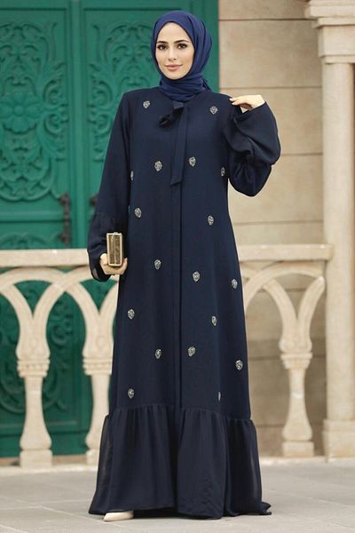 Neva Style Mărgele Detaliat Bleumarin Hijab Ferace 30072l