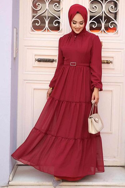 Neva Style - Rochie Hijab Burgundy cu pliuri 57250br