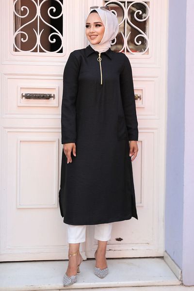 Neva Style Tunica neagra Hijab cu buzunar 4771s