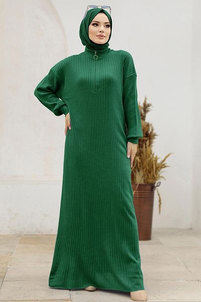 Neva Style Emerald Green Hijab Knitwear Dress 4852Zy