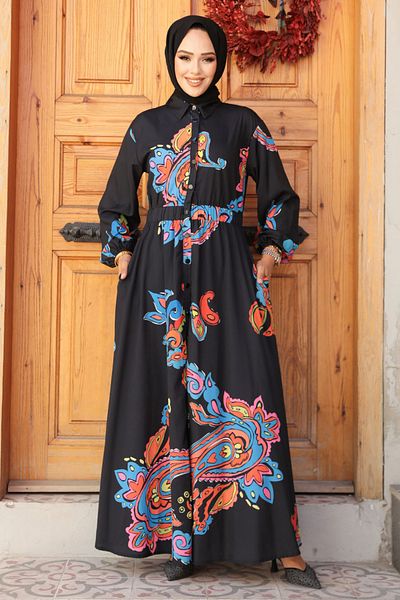 Neva Style Rochie neagră cu model hijab 23441s