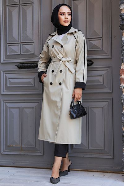 Neva Style Buttoned Light Khaki Hijab Trench Coat 5371Ahk