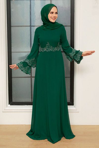 Neva Style Βραδινό φόρεμα με χάντρες Πράσινο Hijab 9181y