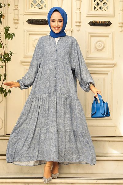 Neva Style Navy Blue Hijab Dress - Buttoned, Model No: 23452l