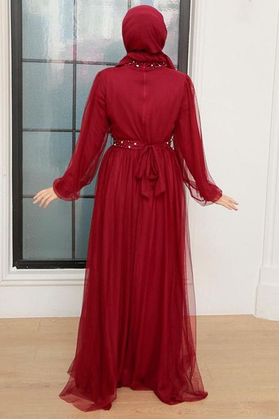 Neva Style Rochie de seara musulmana burgundy cu perle 22041br