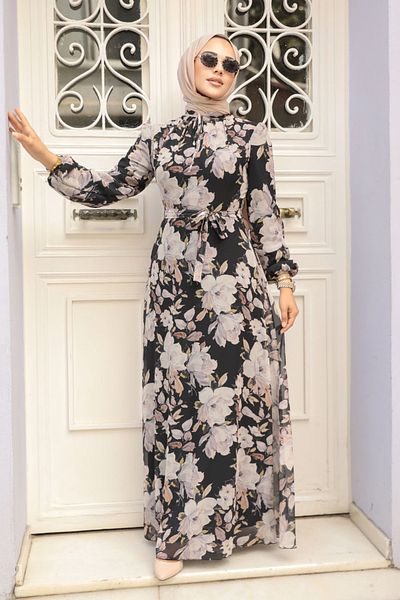 Neva Style - Rochie Hijab Neagră cu Motiv Floral 279015 s