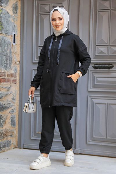 Neva Style Set dublu Hijab cu glugă neagră - 20072S