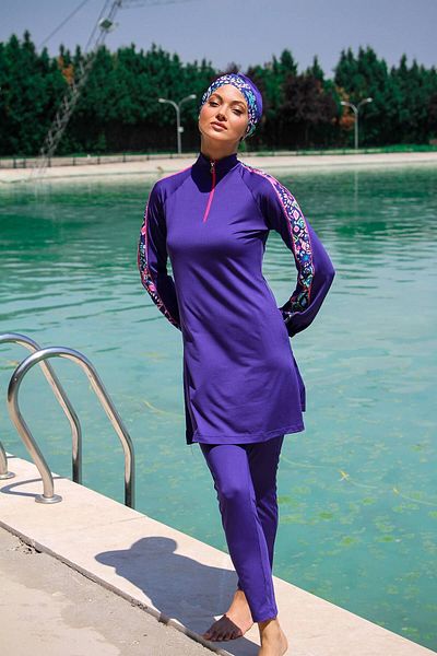 Neva Style Purple Sleeves Patterned Full Covered Hijab Swimsuit M2228MOR