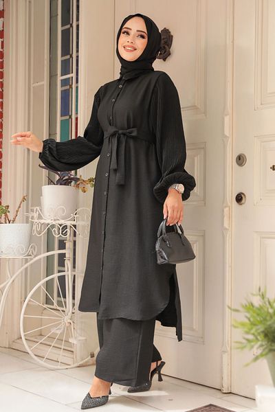 Neva Style Set dublu Hijab negru - cu nasturi, 12581S