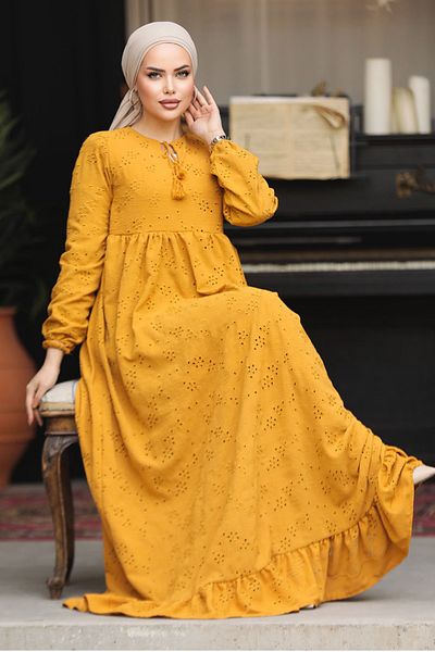 Neva Style Guipure Mustard Hijab Dress 23201HR