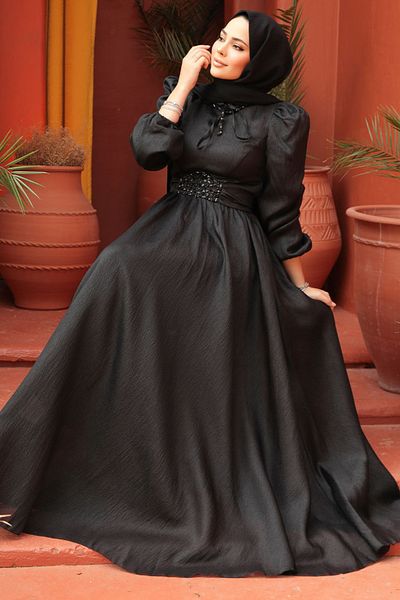 Neva Style Balloon Sleeve Black Hijab Evening Dress 45581S