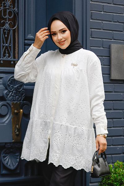 Neva Style Tunica Hijab cu dantela alba - 14241B