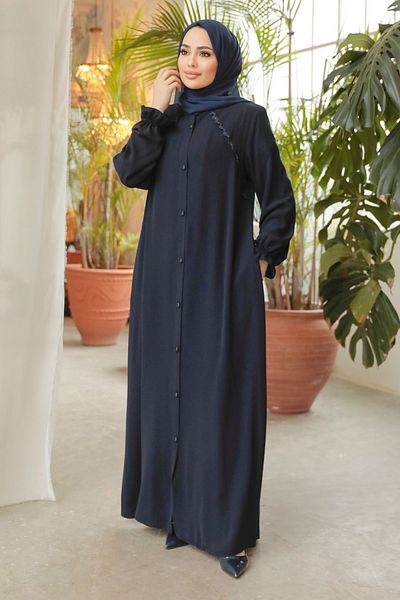 Neva Style Buttoned Navy Blue Hijab Ferace 45275L