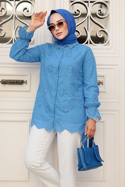 Neva Style تونيك حجاب أزرق - تفاصيل جبر، موديل 13991M