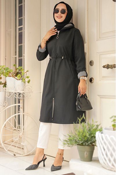 Neva Style Black Hijab Trench Coat - Zippered, Model 69721S