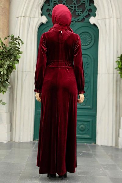 Neva Style - Rochie din catifea Hijab Burgundy cu centura 36971br