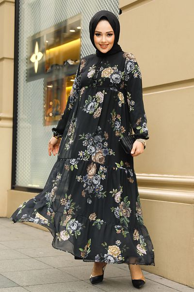 N.S NEVA STYLE Φόρεμα Hijab με λουλούδια μαύρο 22052S