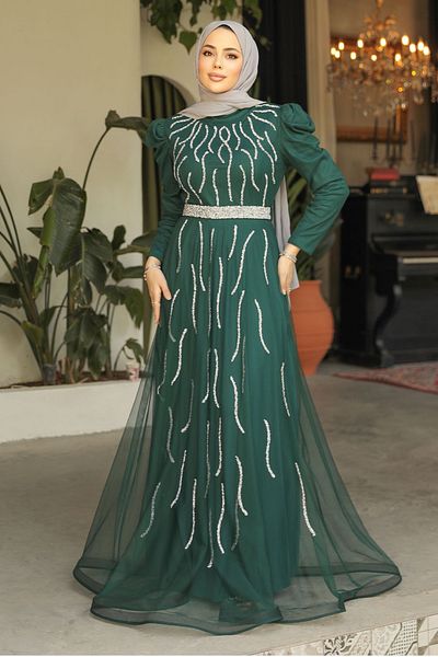 Neva Style Beaded Green Hijab Evening Dress 51912Y